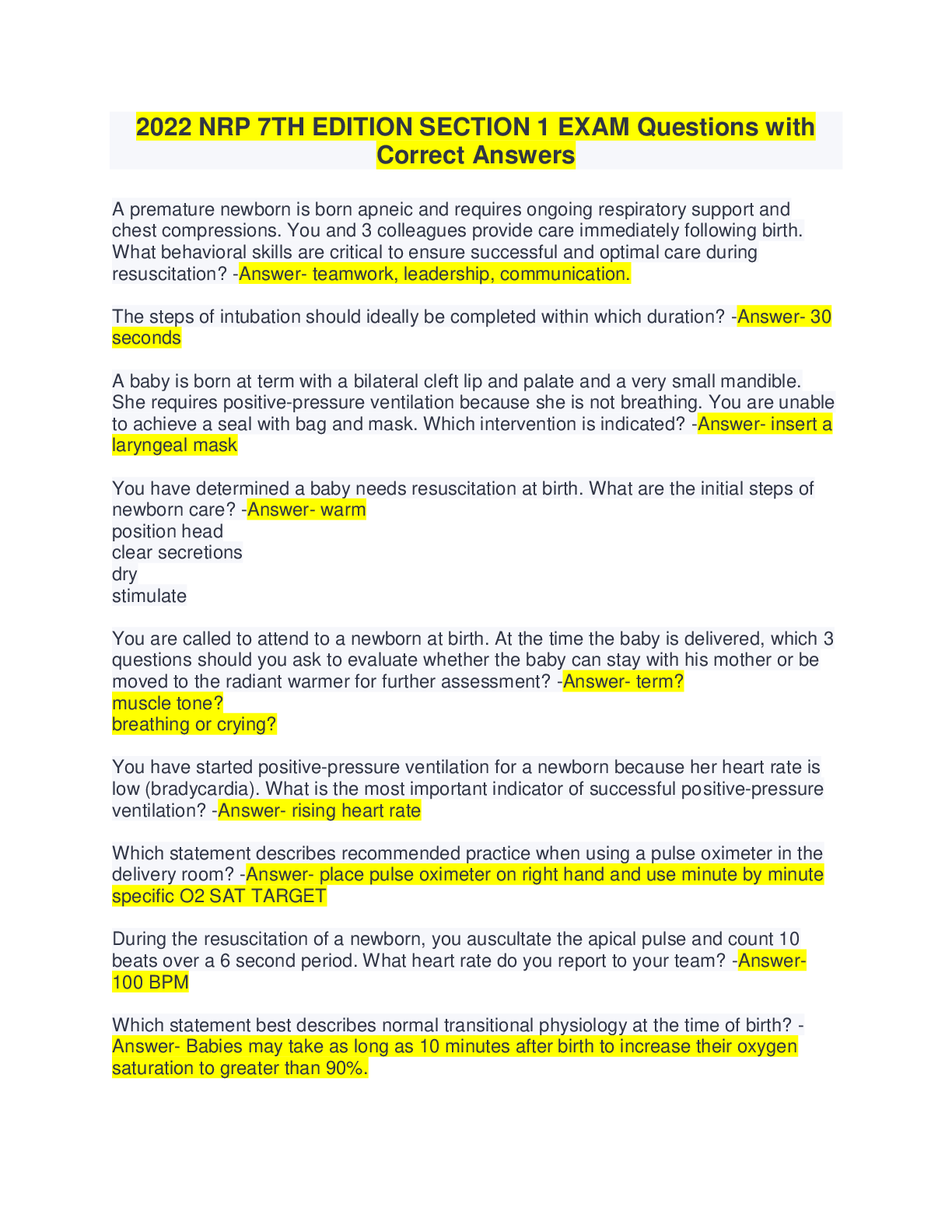 Preview image for 2022 NRP 7TH EDITION SECTION 1 EXAM Questions with Correct Answer